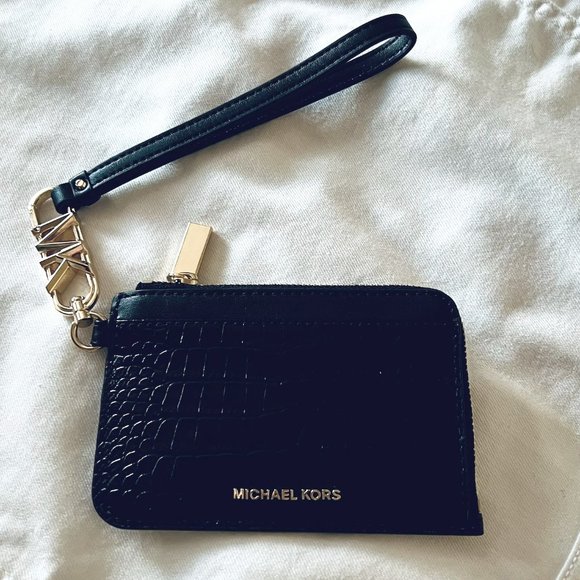 Michael Kors Small Crocodile Embossed Leather Zip Card Case - Black (NWT) - Picture 1 of 5